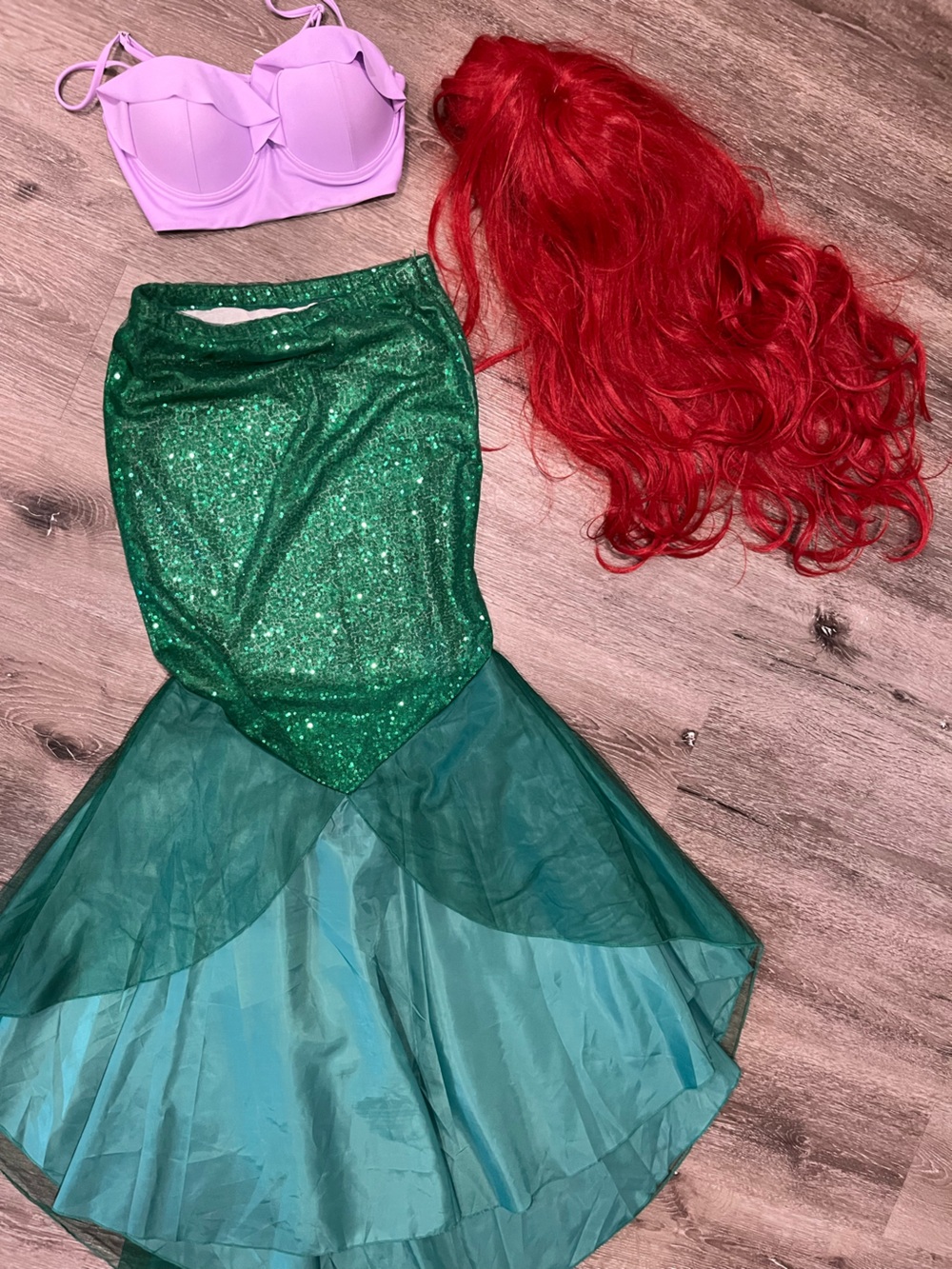 Green Sequin Mermaid Costume Dress with Red Wig - Kids